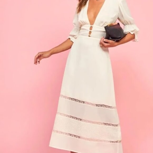 Reformation Ginny Dress – Ivory/White Midi – Lace & Pintuck Details – Size 6 - Picture 9 of 11